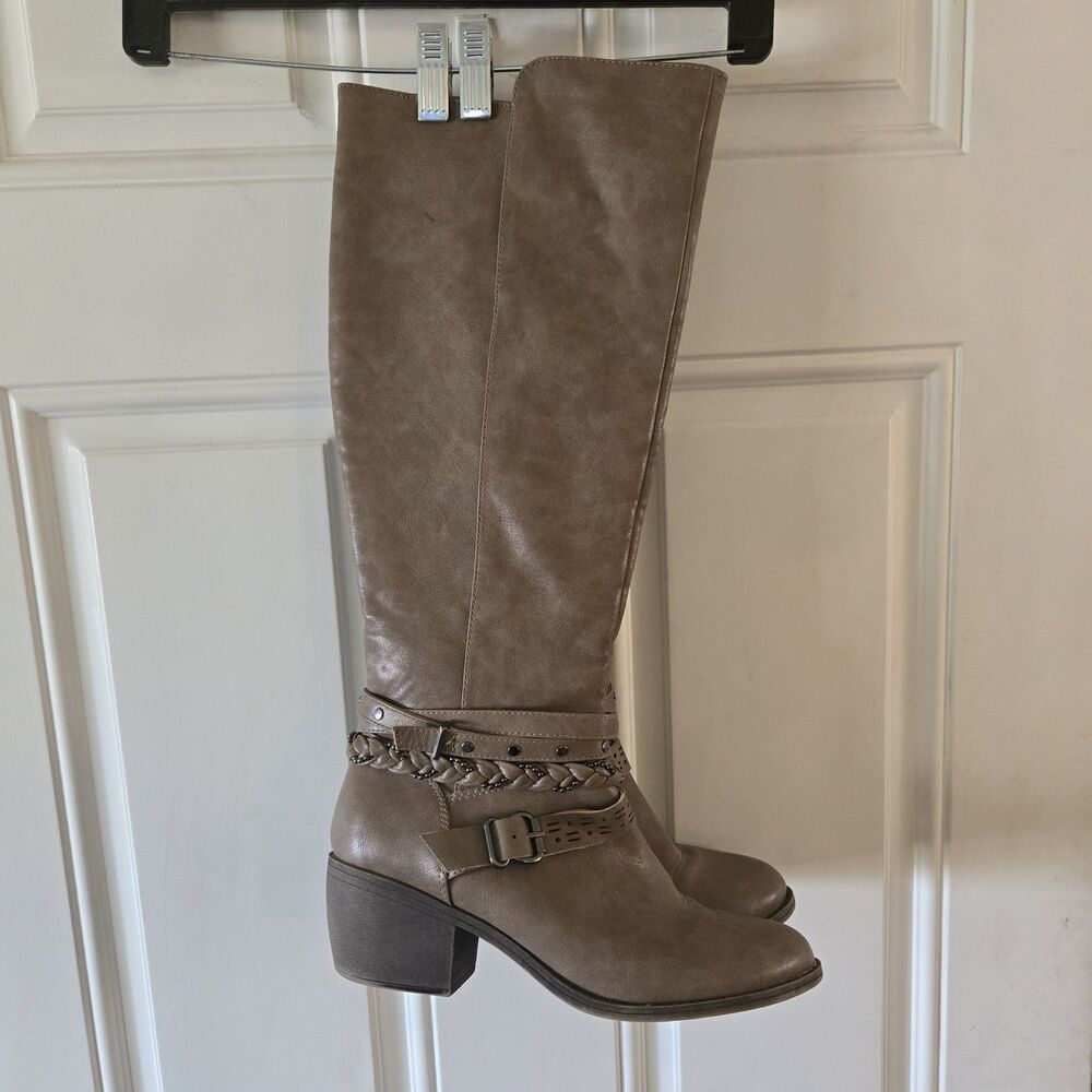 r2 Womens Knee High Boots Size 9 Brown Braided Buckle Block Heel Boho Western
